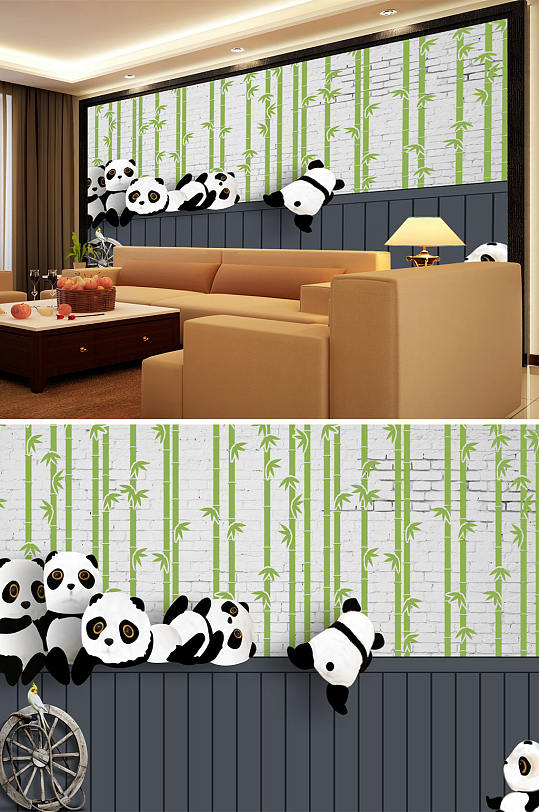 熊猫竹子砖墙背景墙-众图网