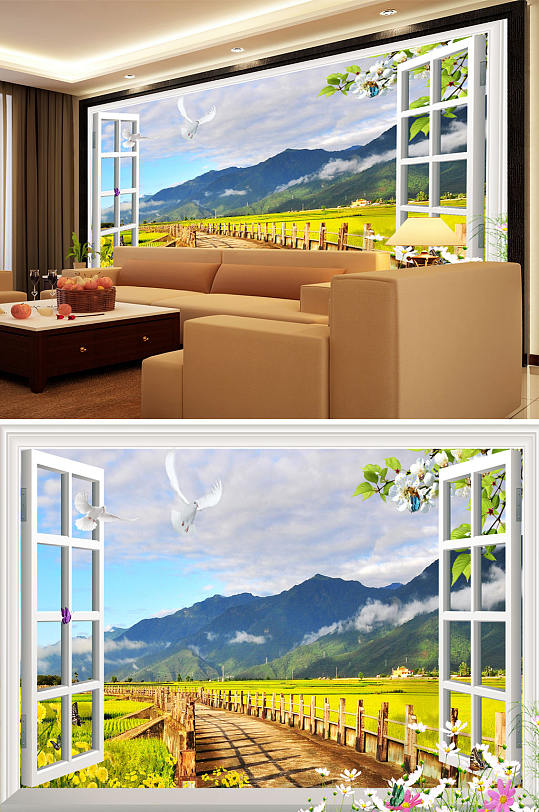 山水田园路小碎花背景墙-众图网