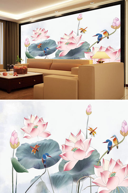 花鸟画荷花蜻蜓小鸟背景墙-众图网
