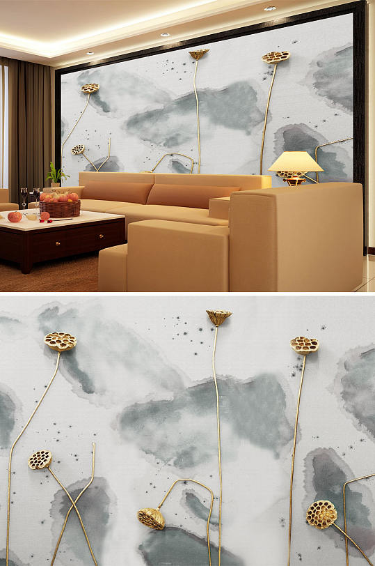 水墨画莲蓬背景墙-众图网