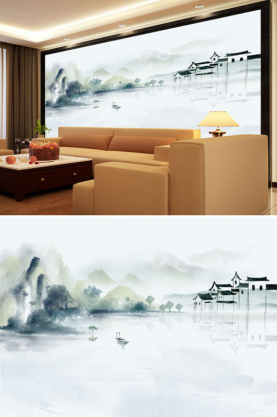 水墨画小船房子背景墙-众图网