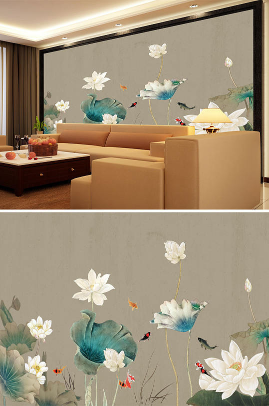 荷花莲蓬九鱼背景墙-众图网