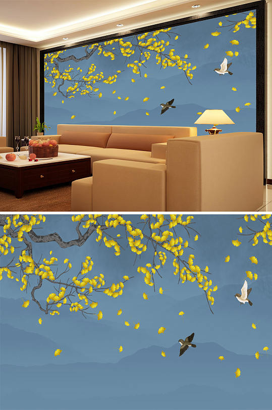 花鸟画银杏树飞鸟背景墙-众图网