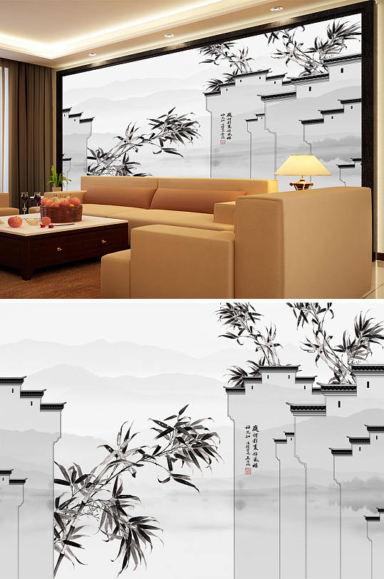 水墨画竹子马头墙背景墙-众图网