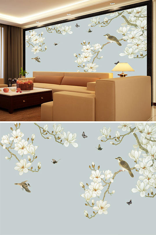 花鸟画玉兰飞鸟背景墙-众图网