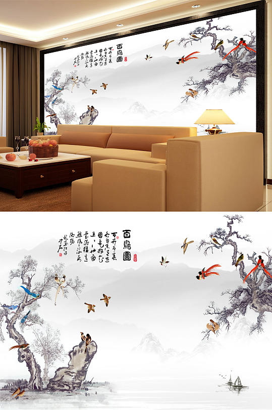 花鸟画百鸟图背景墙-众图网