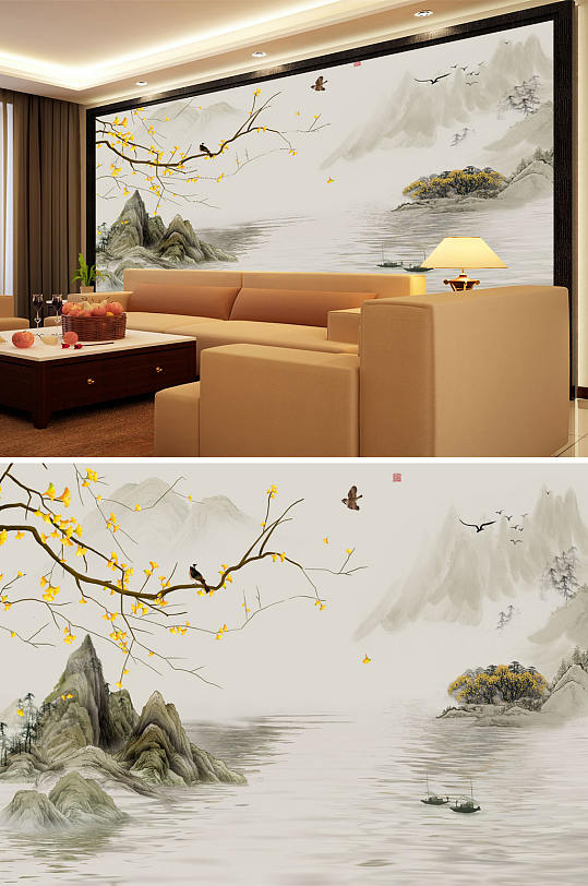 水墨山水银杏树背景墙-众图网