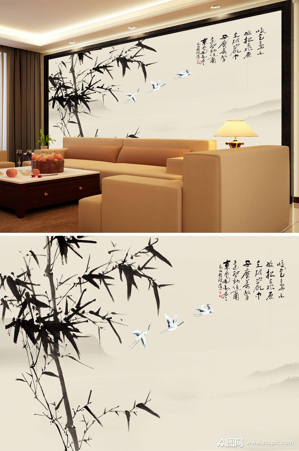 水墨画竹子鹤背景墙