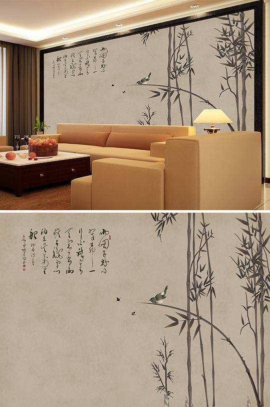 水墨画竹子飞鸟背景墙-众图网