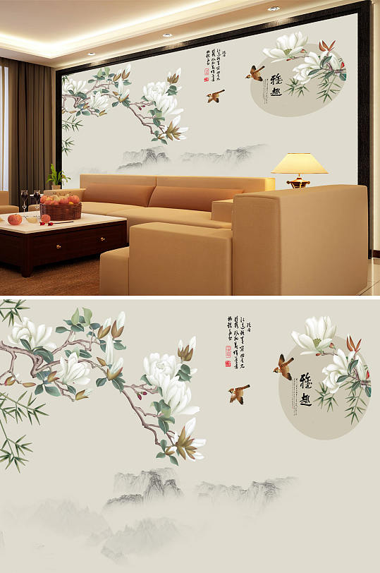 花鸟画玉兰背景墙-众图网
