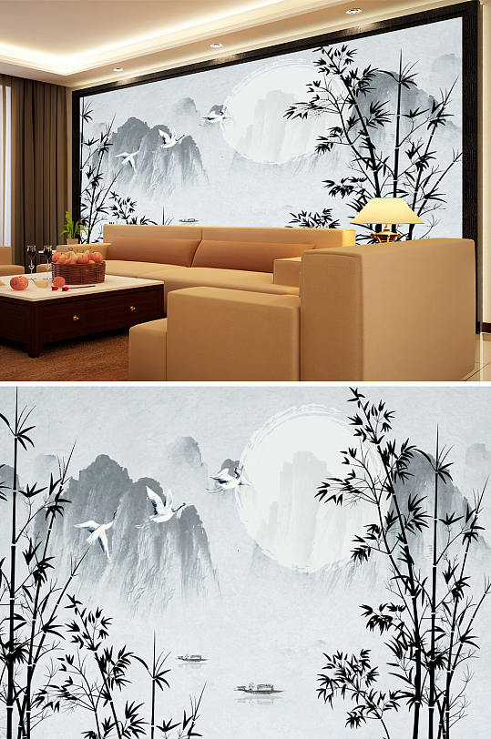 水墨山水竹子鹤背景墙-众图网