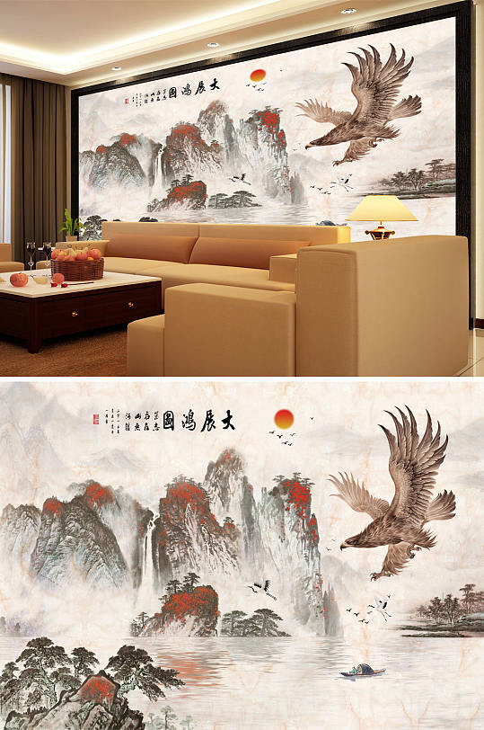 山水画雄鹰小船背景墙-众图网
