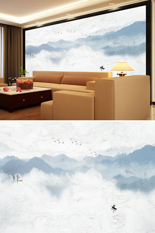 水墨山水小船大雁背景墙-众图网