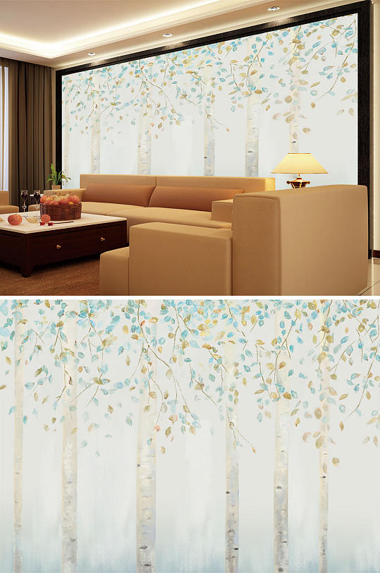 水墨画树林花藤背景墙-众图网