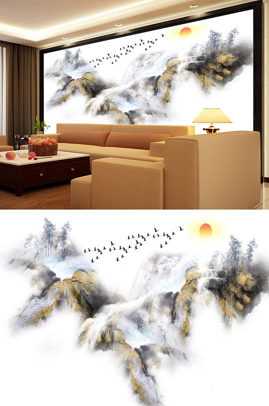水墨画大雁太阳背景墙-众图网