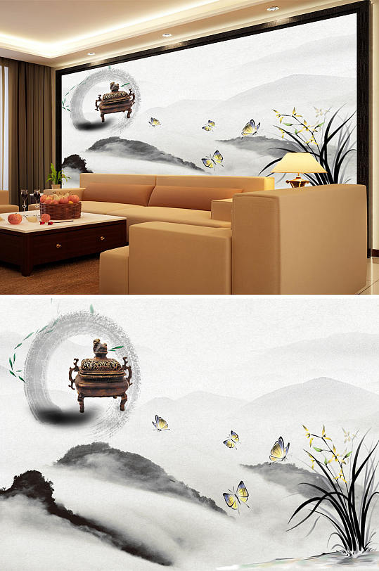水墨画兰花蝴蝶背景墙-众图网