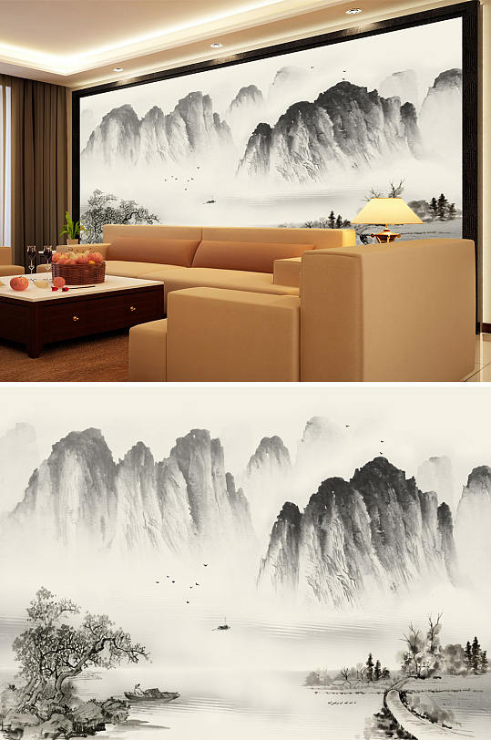 水墨画小船树背景墙-众图网