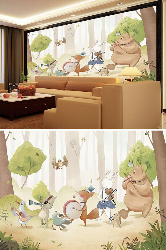 动物卡通树林背景墙-众图网