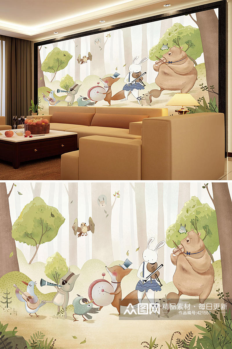 动物卡通树林背景墙素材