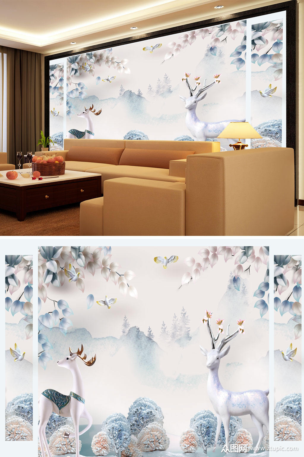 花鸟画梅花鹿背景墙