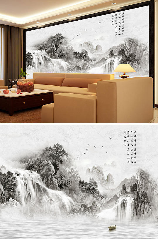 水墨山水小船背景墙-众图网