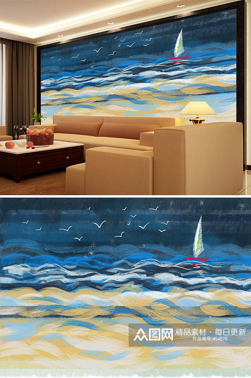 大海帆船油画背景墙素材