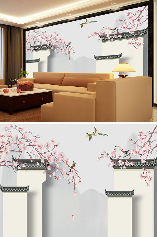 花鸟画玉兰马头墙背景墙-众图网