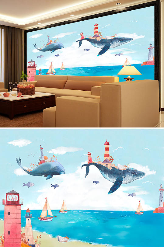 海边沙滩灯塔背景墙-众图网