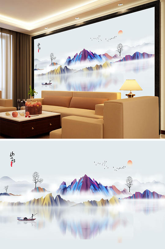 山水画树小船太阳背景墙-众图网