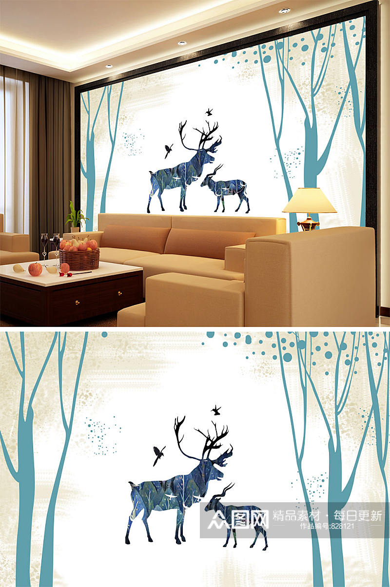 水墨画树林鹿背景墙素材