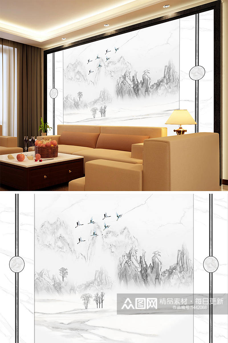 水墨画树鹤造型背景墙素材