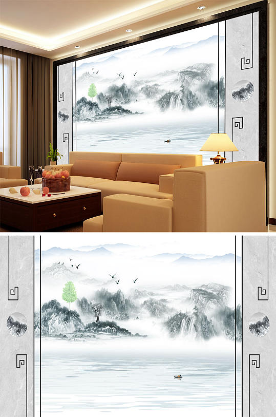 水墨山水小船湖鹤造型背景墙-众图网