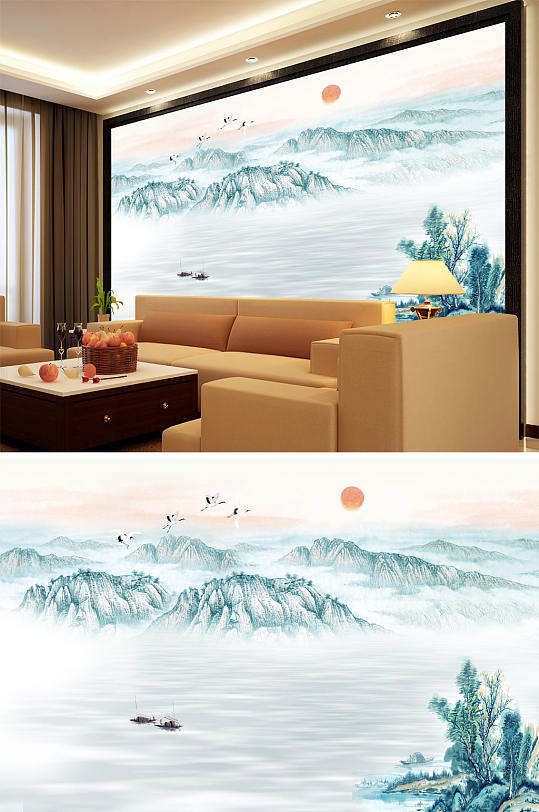 水墨画水波纹小船太阳鹤意境背景墙-众图网