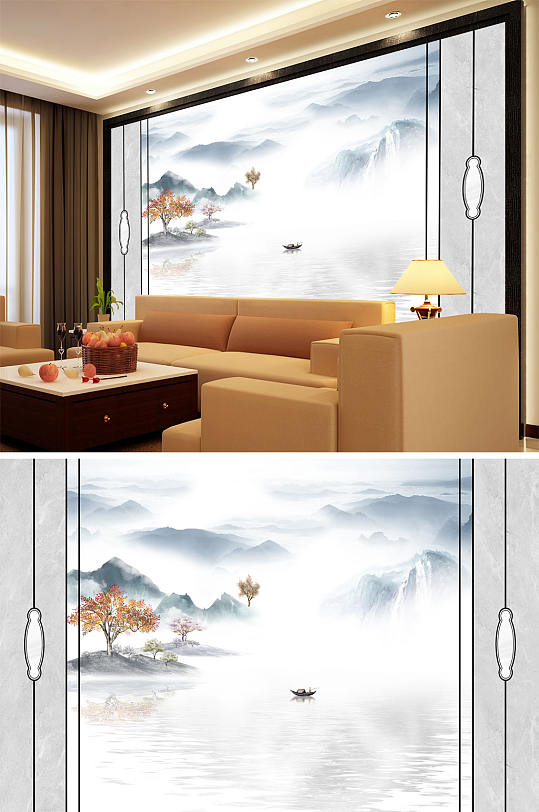 水墨山水树小船雾造型背景墙-众图网