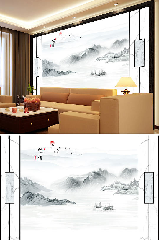 水墨山水小船亭山水情背景墙