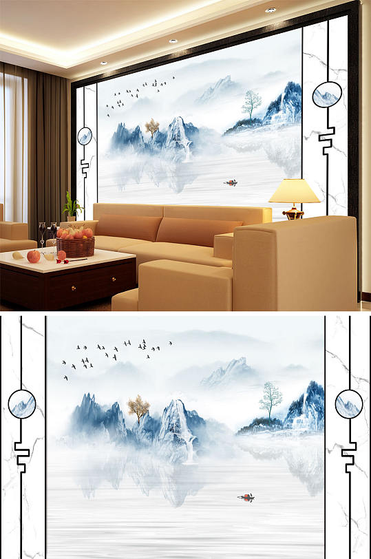 水墨画小船大雁树背景墙-众图网