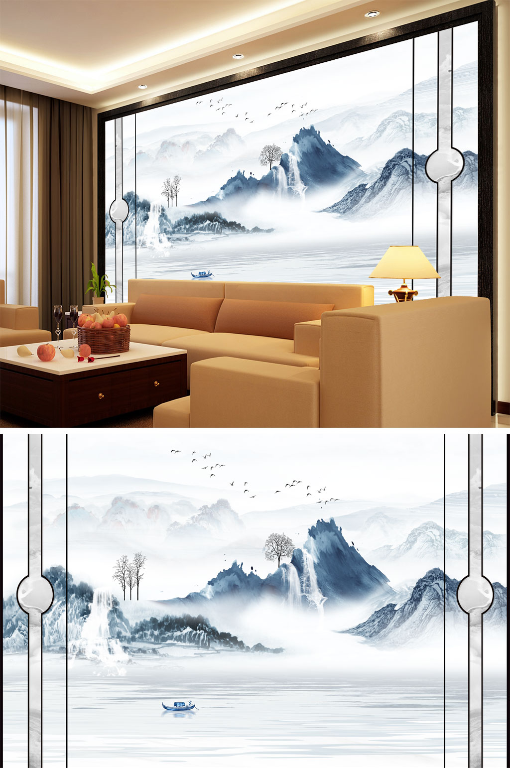 水墨山水小船高山流水背景墙素材