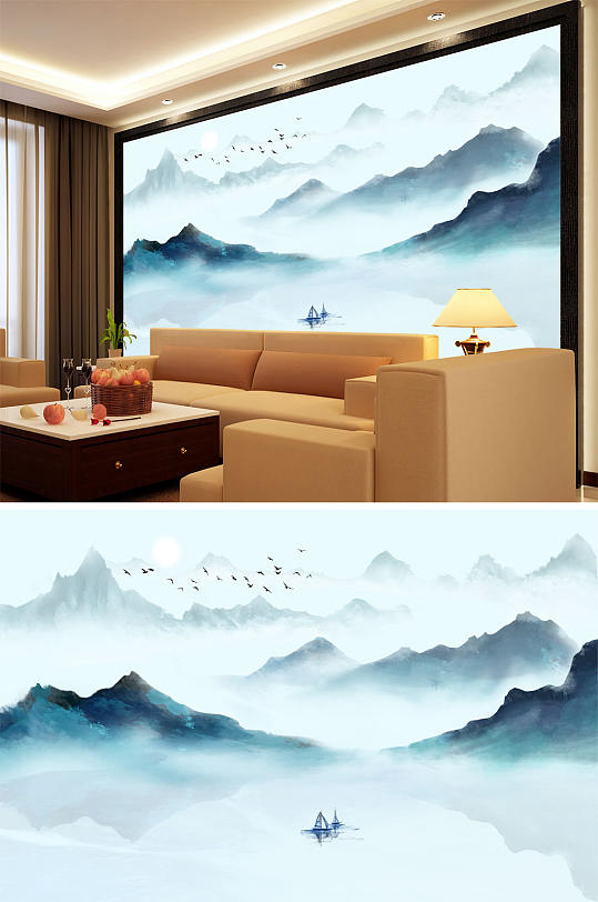 水墨画水墨山水小船背景墙-众图网