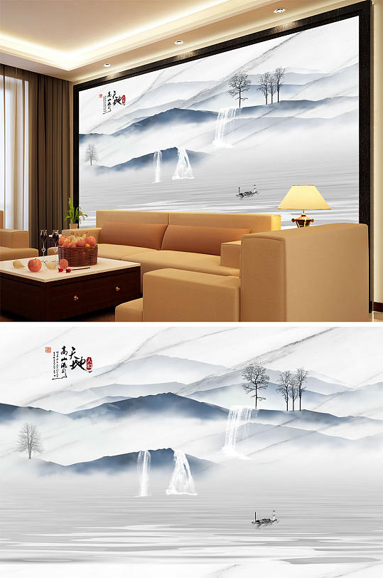 水墨画高山流水树小船背景墙-众图网