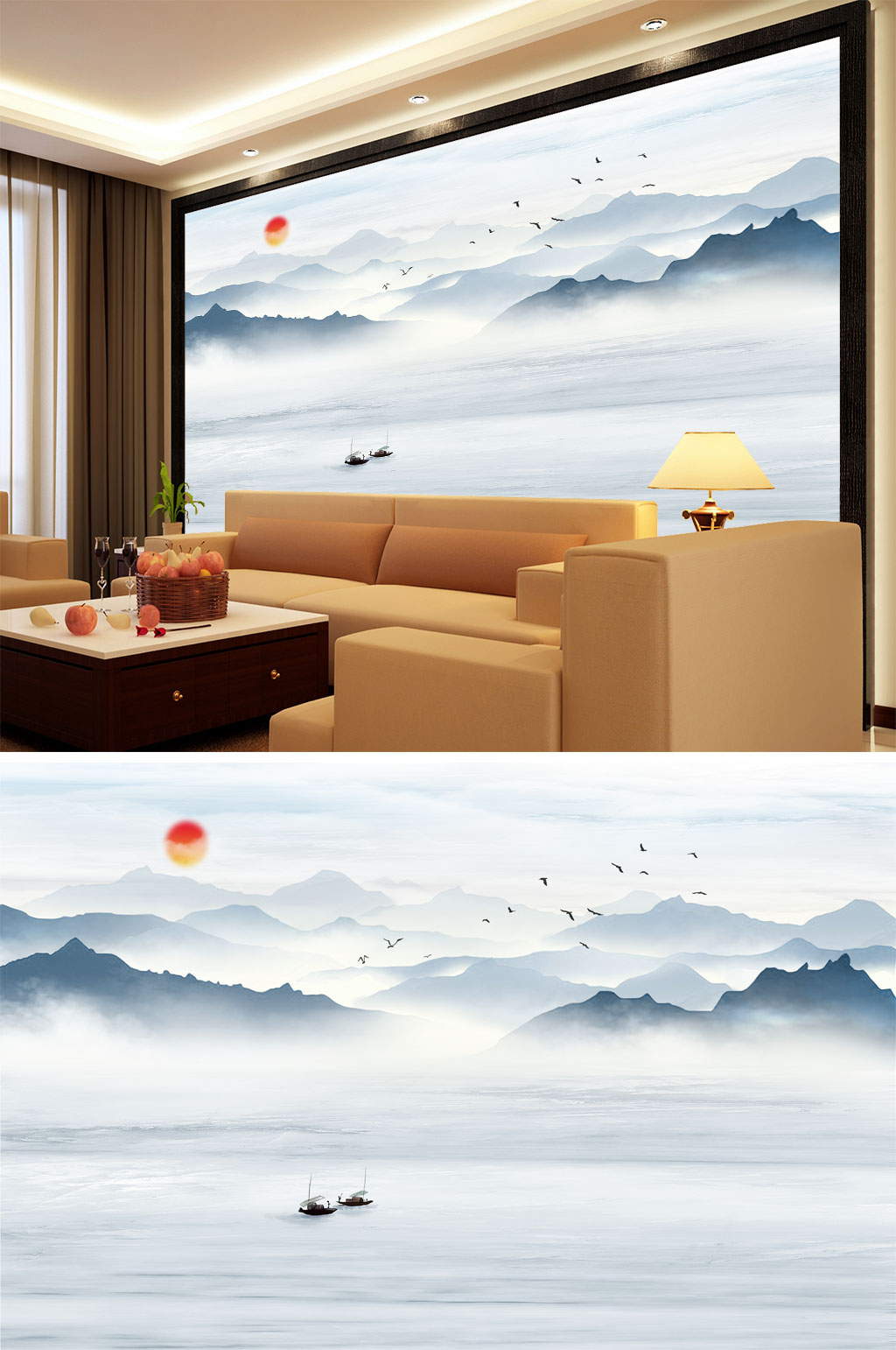 水墨山水小船太阳背景墙素材