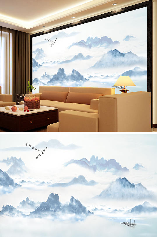 水墨山水小船大雁背景墙-众图网