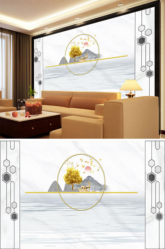 山水画梅花鹿树太阳圆几何意境背景墙-众图网