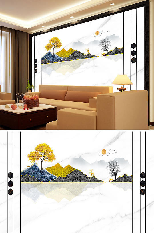 山水画树鹿太阳造型背景墙-众图网