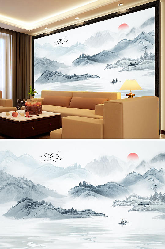 水墨山水小船太阳波纹大雁背景墙-众图网
