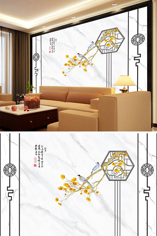 新中式花鸟画造型背景墙