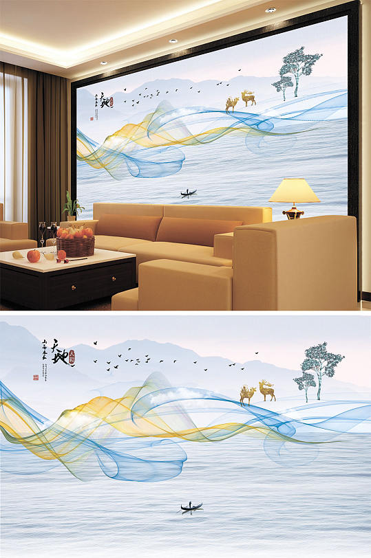 山水画飘带树梅花鹿背景墙-众图网