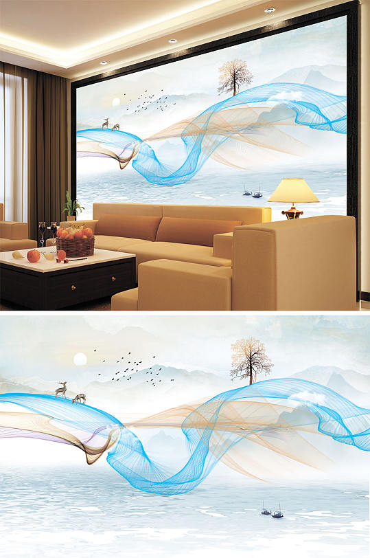 水墨画树飘带梅花鹿水波纹背景墙-众图网