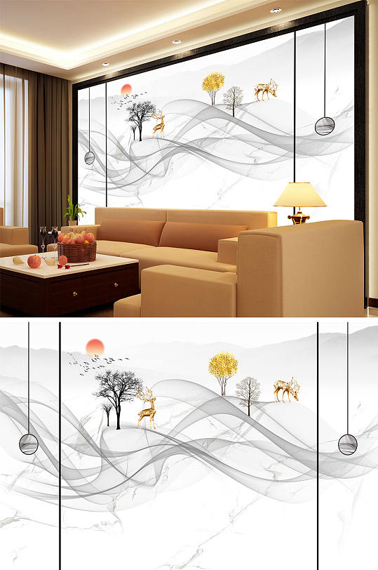 山水画树太阳梅花鹿意境背景墙-众图网