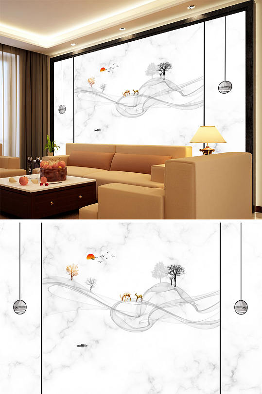 水墨画鹿树飘带太阳小船意境背景墙-众图网