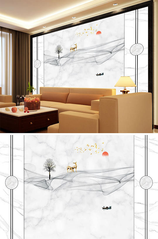 飘带树梅花鹿太阳小船新中式背景墙-众图网